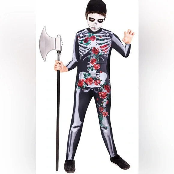 Boys Girls Halloween Jumpsuit Bodysuit 3D Graphic Skull Skeleton kids 9-12 yrs - Picture 3 of 13